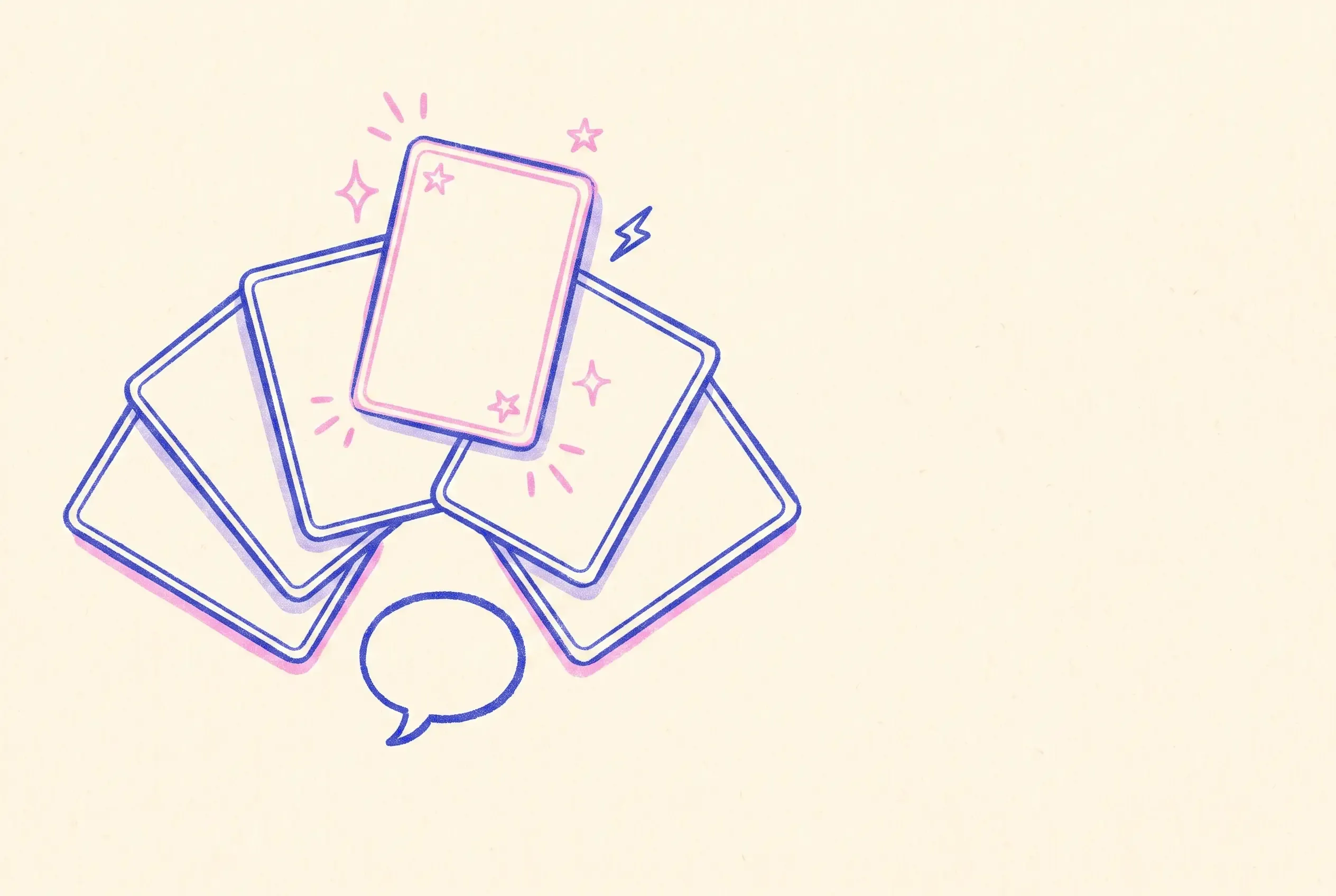 Illustratie: vijf prompt-kaarten waaieren uit een spraakbubbel