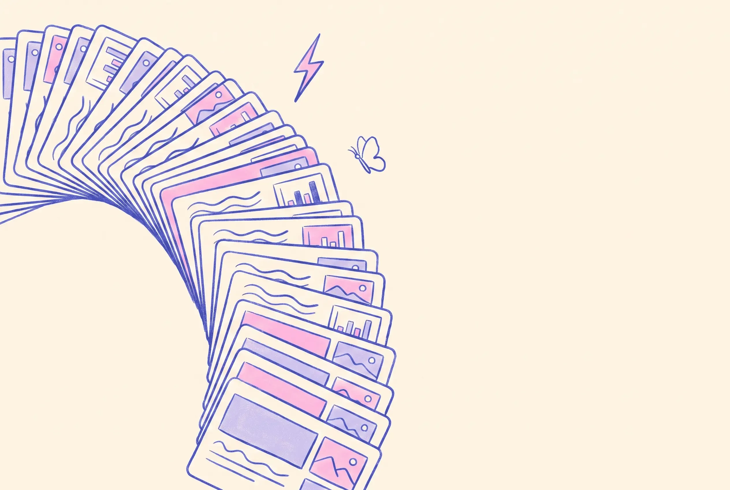Illustratie: een uitwaaierende stapel van dertig prompt-kaarten