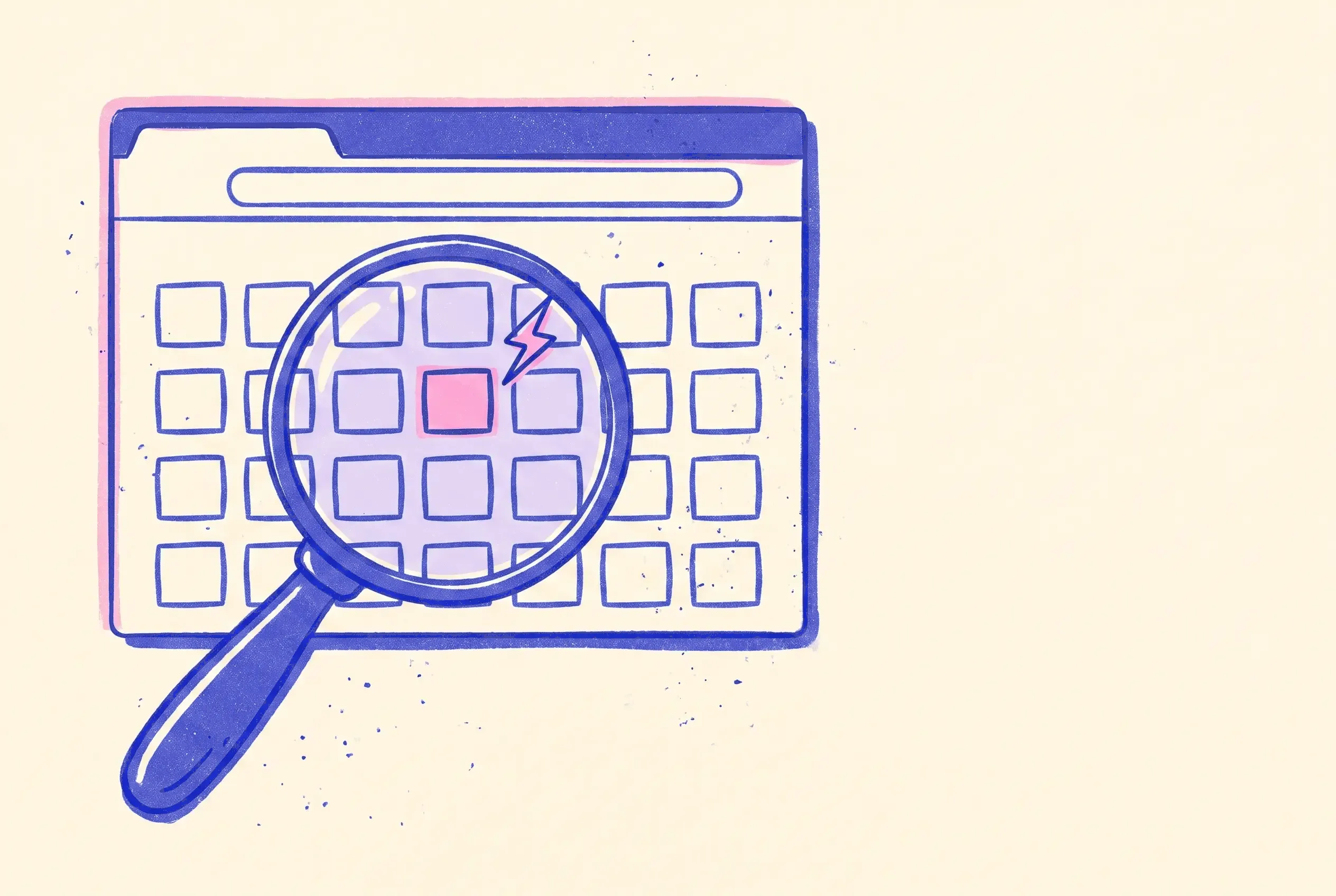 Illustratie: een vergrootglas boven een website vol identieke blokken met één die opvalt